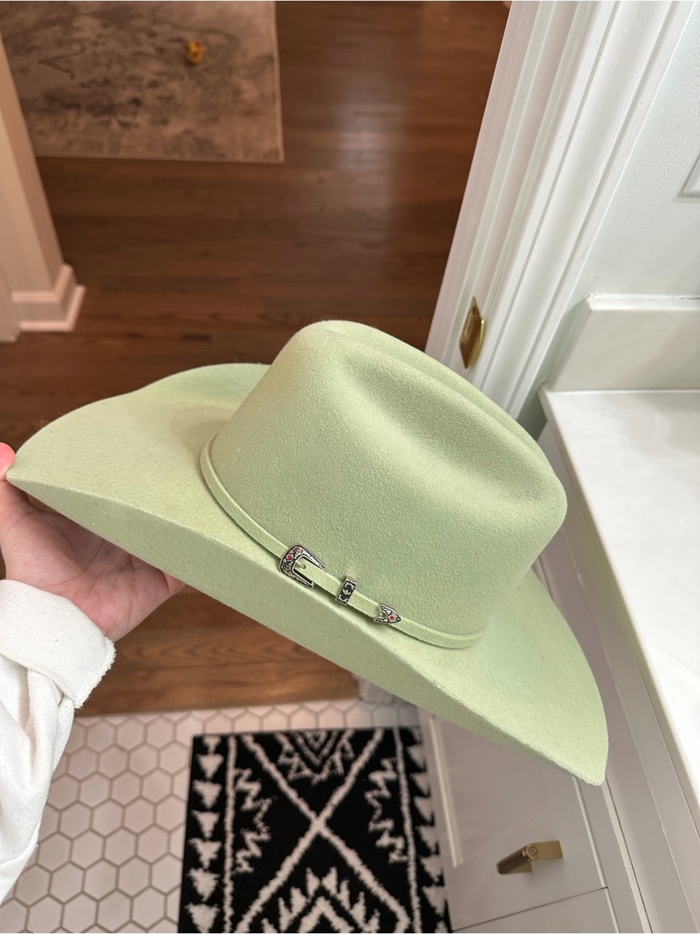 Women's Wide-Brim Cowboy  Hat in Sage Green with Subtle Buckle Accent